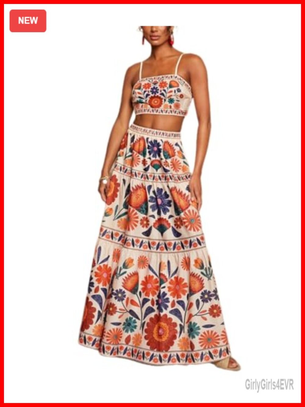 Floral Halter Crop Top & Maxi Skirt Two Piece Set Polyester Spandex Summer